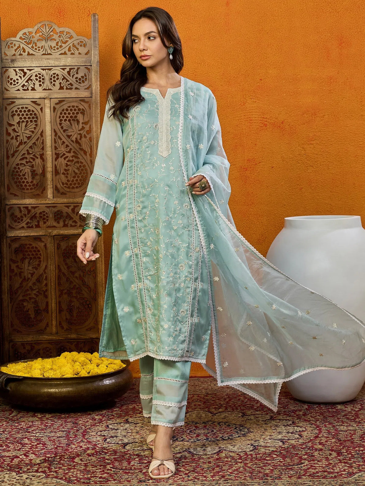 Women Green Organza Embroidered Straight Kurta Pant Set With Dupatta-PKSKD2393