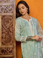 Women Green Organza Embroidered Straight Kurta Pant Set With Dupatta-PKSKD2393