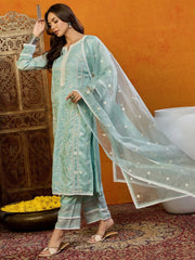 Women Green Organza Embroidered Straight Kurta Pant Set With Dupatta-PKSKD2393