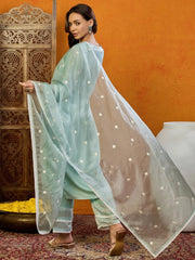 Women Green Organza Embroidered Straight Kurta Pant Set With Dupatta-PKSKD2393
