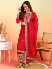 Women Red Silk Blend Solid Embroidered Straight Kurta Palazzo With Dupatta-PKSKD2399