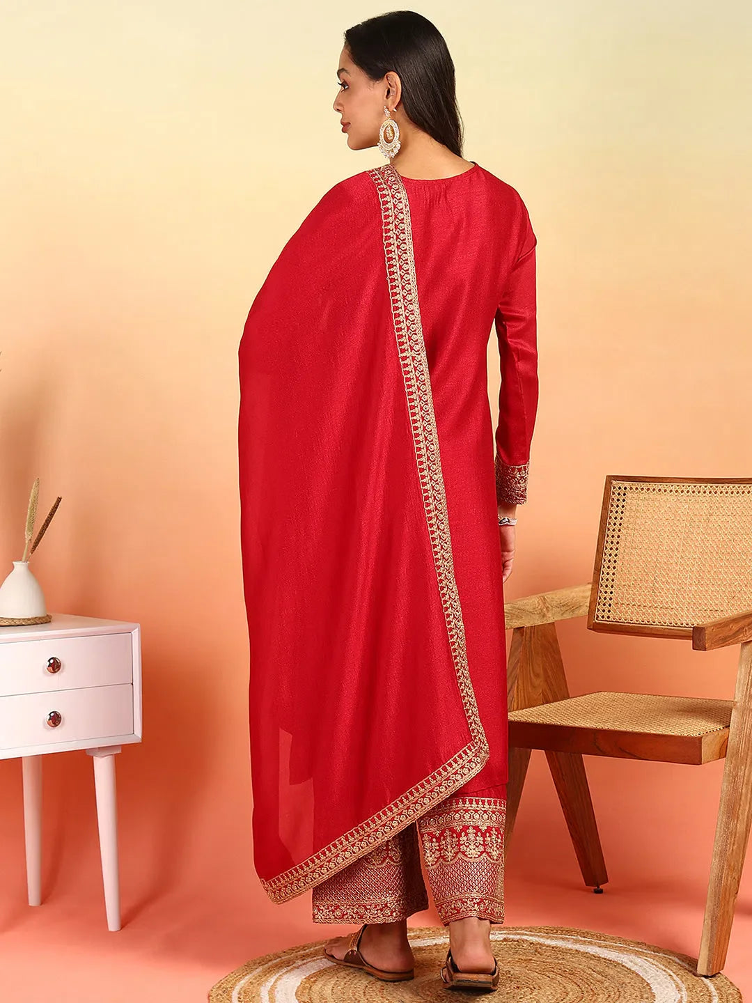 Red Embroidered Kurta and Palazzo Set - Silk Blend Fabric