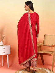 Women Red Silk Blend Solid Embroidered Straight Kurta Palazzo With Dupatta-PKSKD2399