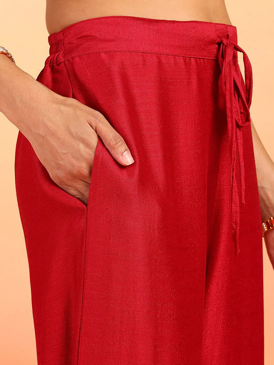 Red Embroidered Kurta and Palazzo Set - Silk Blend Fabric