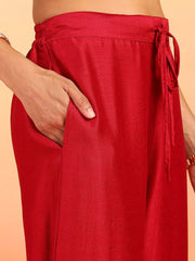 Women Red Silk Blend Solid Embroidered Straight Kurta Palazzo With Dupatta-PKSKD2399