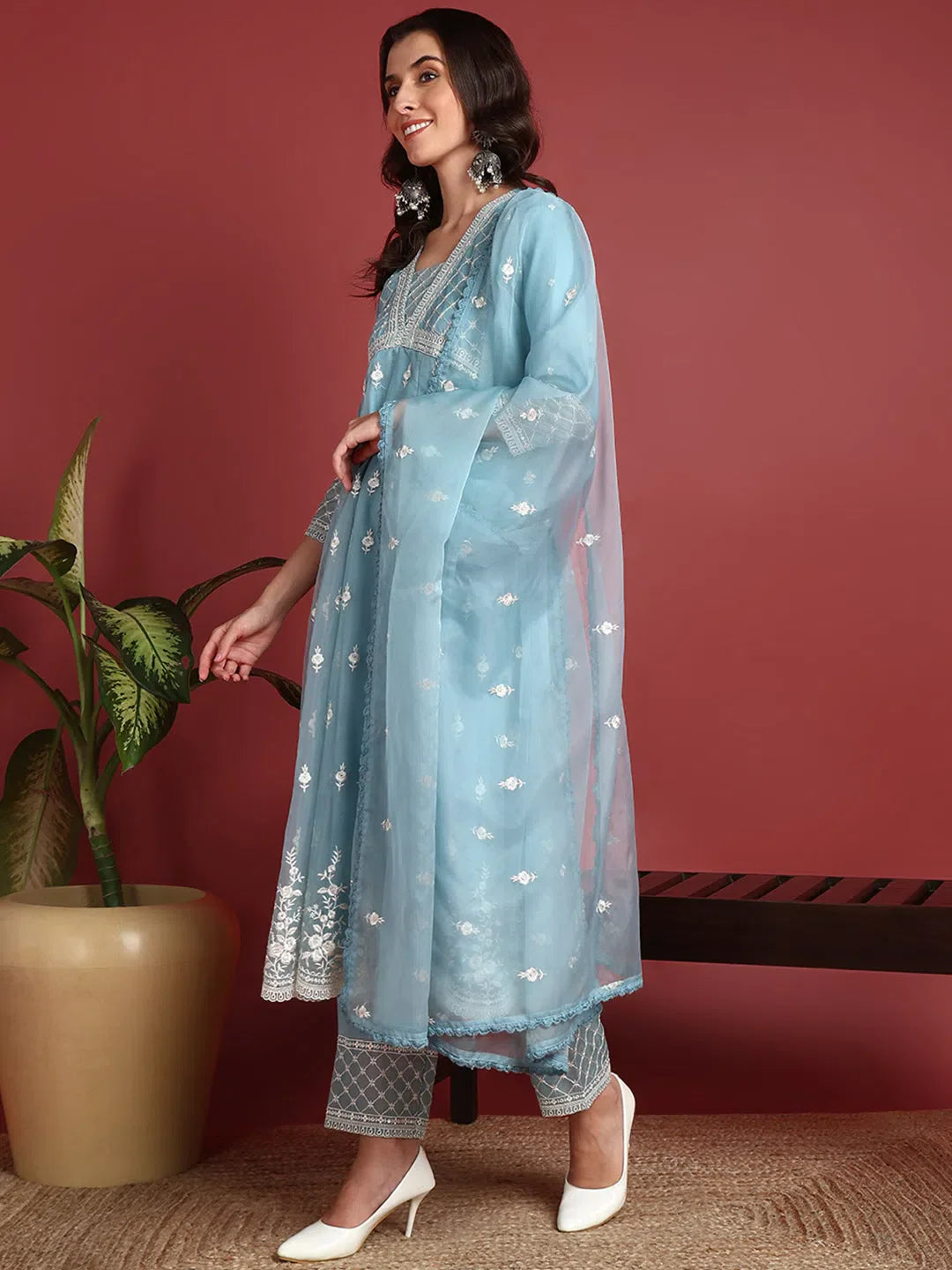 Blue Organza Kurti Set: Solid Indian Ethnic Designer Lehenga
