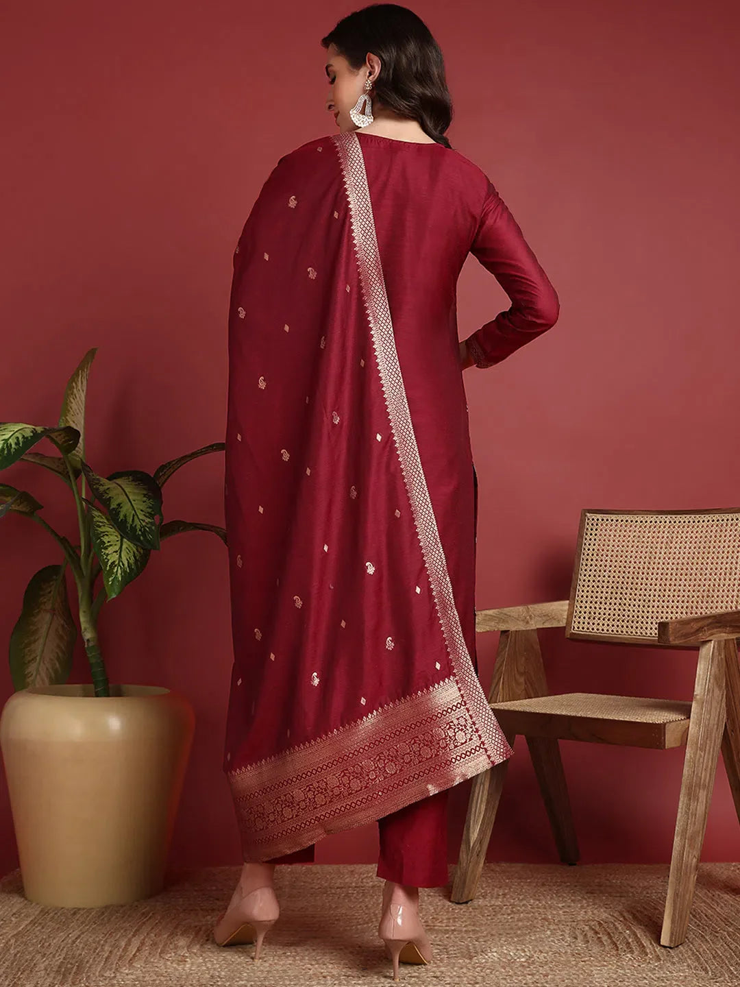 Maroon Ethnic Motifs Polyester Indian Ethnic Kurti Set