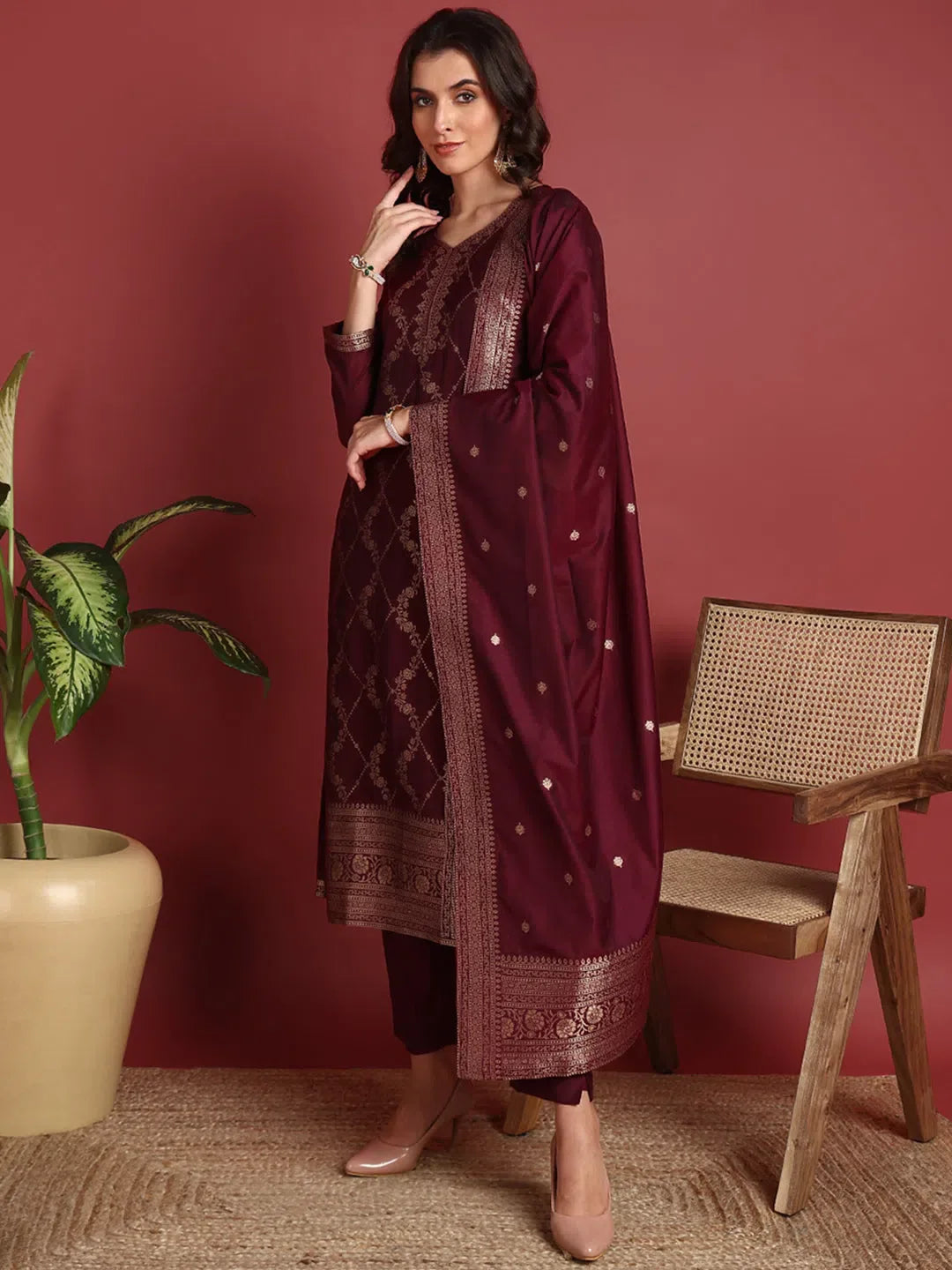 Maroon Ethnic Motifs Kurti Set - Polyester Lehenga for Women