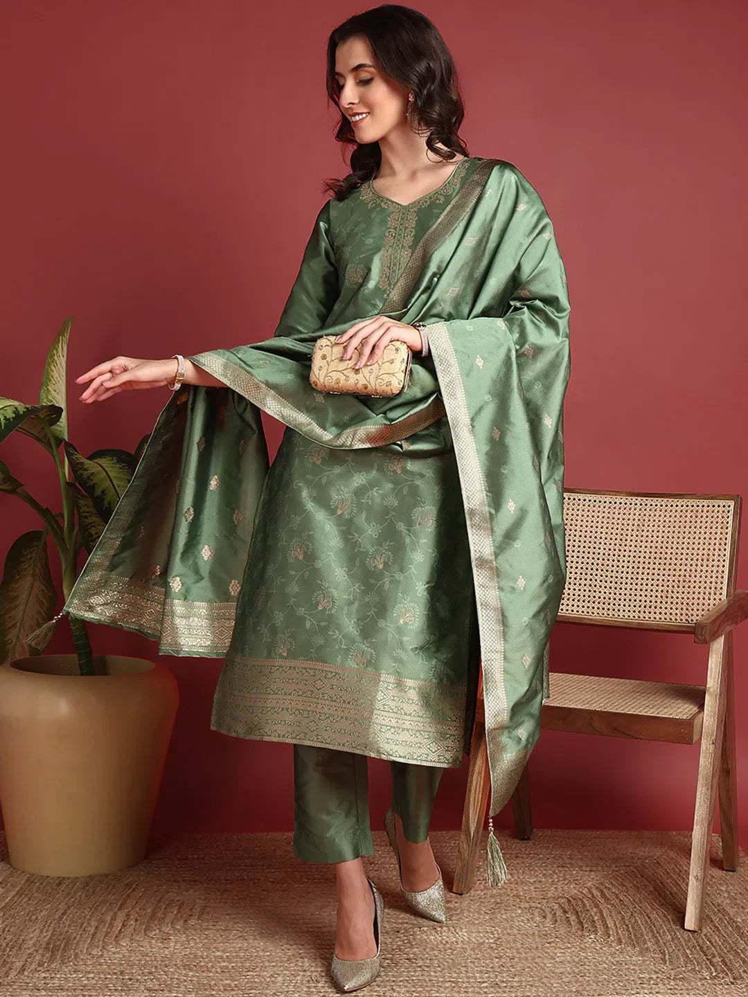 Green Ethnic Kurti Set: Polyester Indian Lehenga for Women
