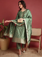Polyester Ethnic motifs Green Indian Ethnic