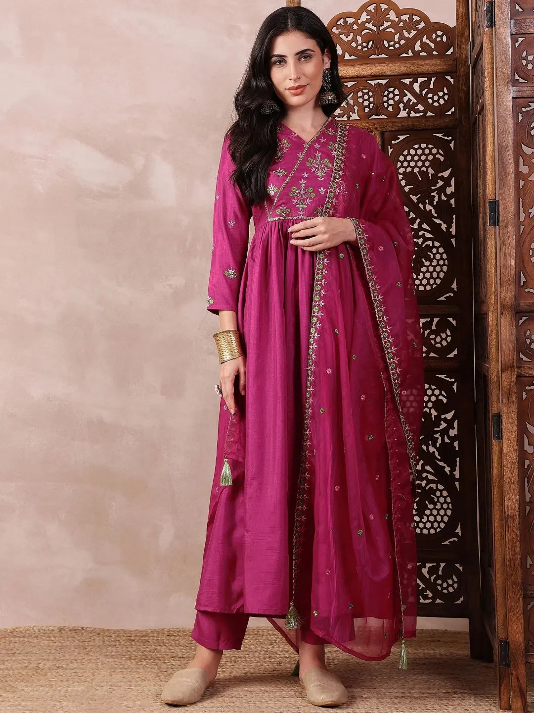 Women Pink Silk Blend Solid Embroidered A-Line Kurta Trouser With Dupatta-PKSKD2411