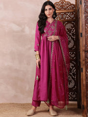 Women Pink Silk Blend Solid Embroidered A-Line Kurta Trouser With Dupatta-PKSKD2411