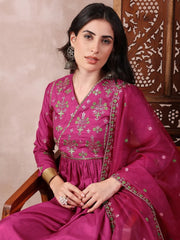 Women Pink Silk Blend Solid Embroidered A-Line Kurta Trouser With Dupatta-PKSKD2411