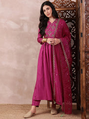 Women Pink Silk Blend Solid Embroidered A-Line Kurta Trouser With Dupatta-PKSKD2411