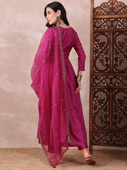 Women Pink Silk Blend Solid Embroidered A-Line Kurta Trouser With Dupatta-PKSKD2411