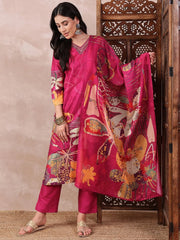 Women Pink Silk Blend Floral Printed Straight Kurta Trouser With Dupatta-PKSKD2414