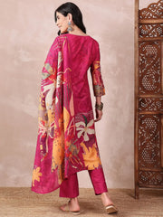 Women Pink Silk Blend Floral Printed Straight Kurta Trouser With Dupatta-PKSKD2414