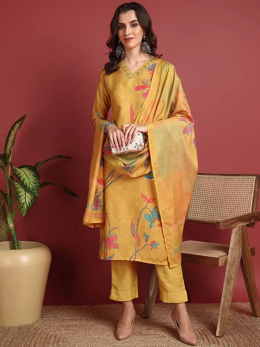 Polyester Floral Yellow Indian Ethnic-PKSKD2416 1080