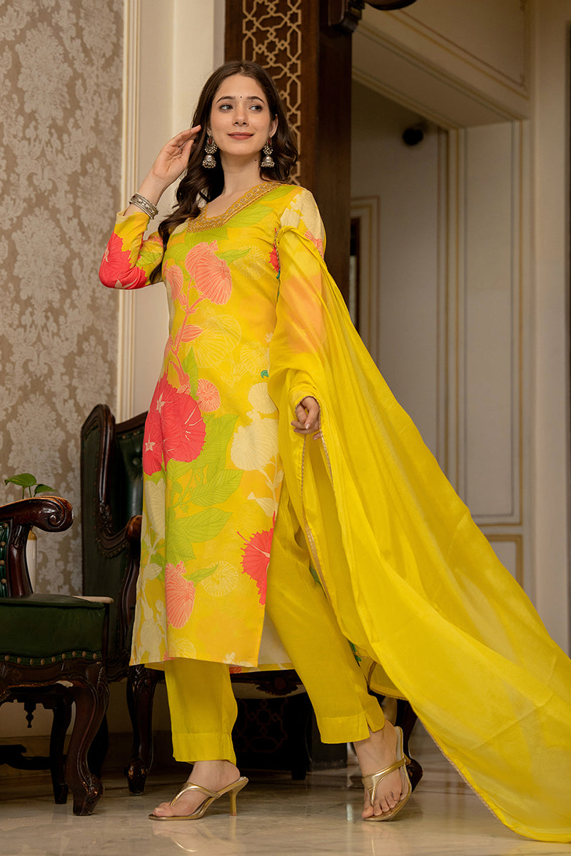 Mustard Yellow Embroidered Silk Blend Solid Straight Style Suit Set PKSKD2475