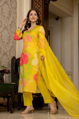 Yellow Rayon Blend Floral Printed Straight Suit Set PKSKD2425