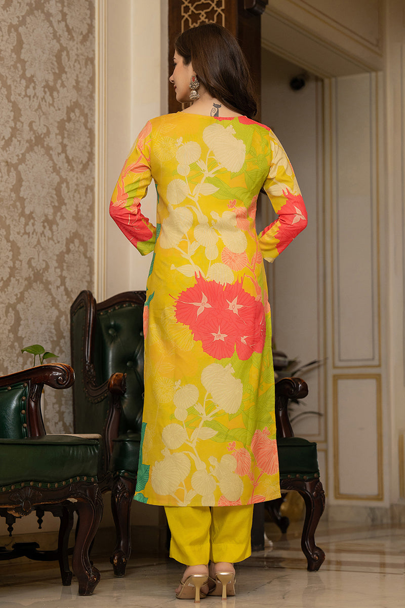 Mustard Yellow Embroidered Silk Blend Solid Straight Style Suit Set PKSKD2475