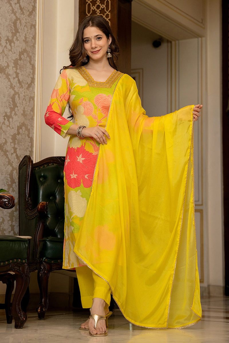 Mustard Yellow Embroidered Silk Blend Solid Straight Style Suit Set PKSKD2475
