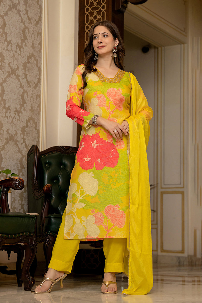 Mustard Yellow Embroidered Silk Blend Solid Straight Style Suit Set PKSKD2475