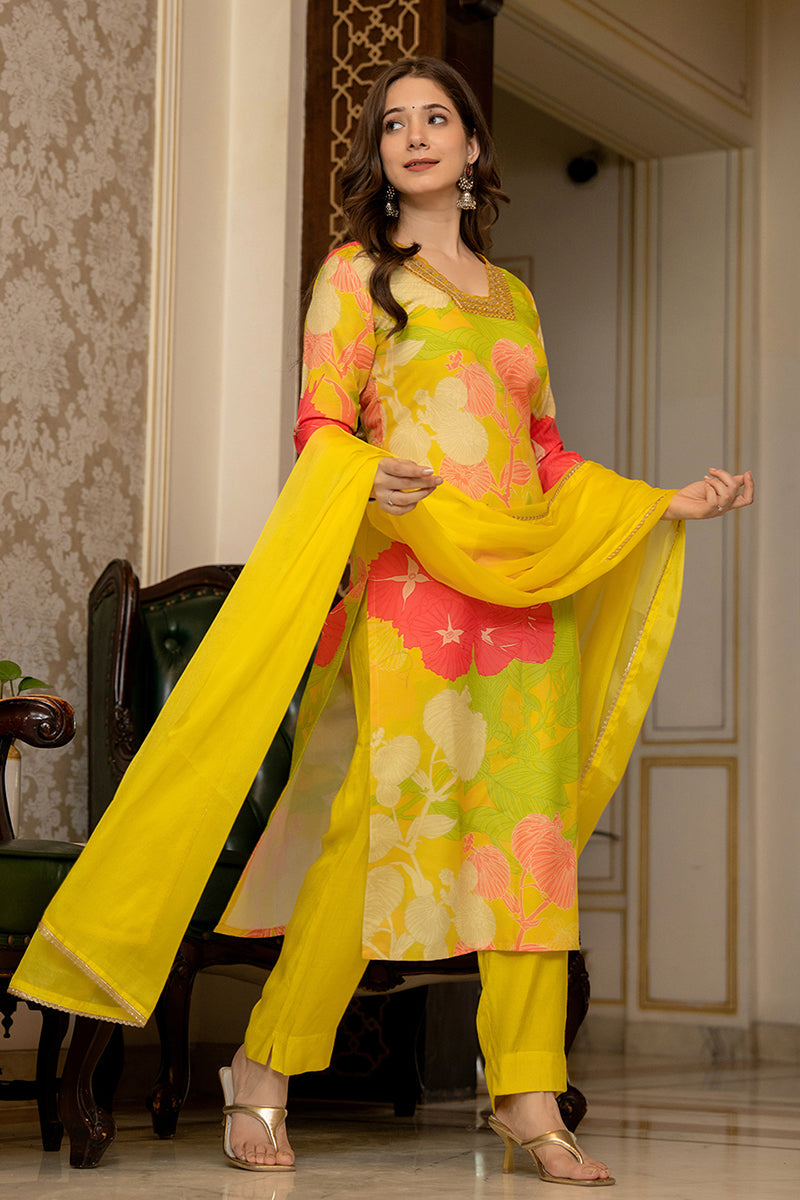 Mustard Yellow Embroidered Silk Blend Solid Straight Style Suit Set PKSKD2475