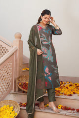 Olive Rayon Blend Abstract Floral Printed Straight Suit Set PKSKD2426