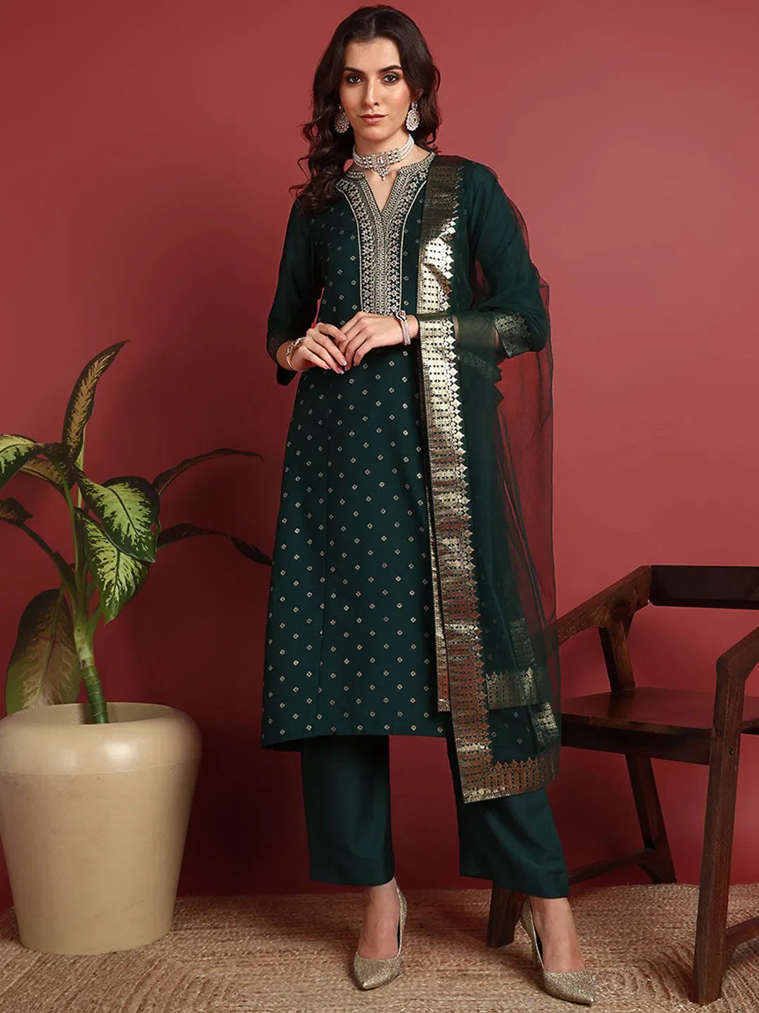 Polyester Solid Green Indian Ethnic-PKSKD2429