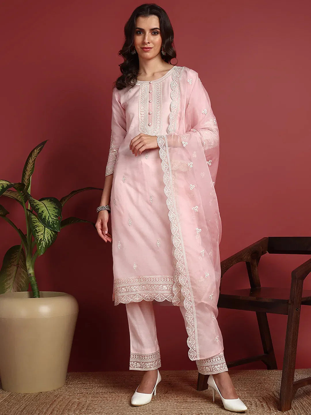 Organza Solid Pink Indian Ethnic-PKSKD2432