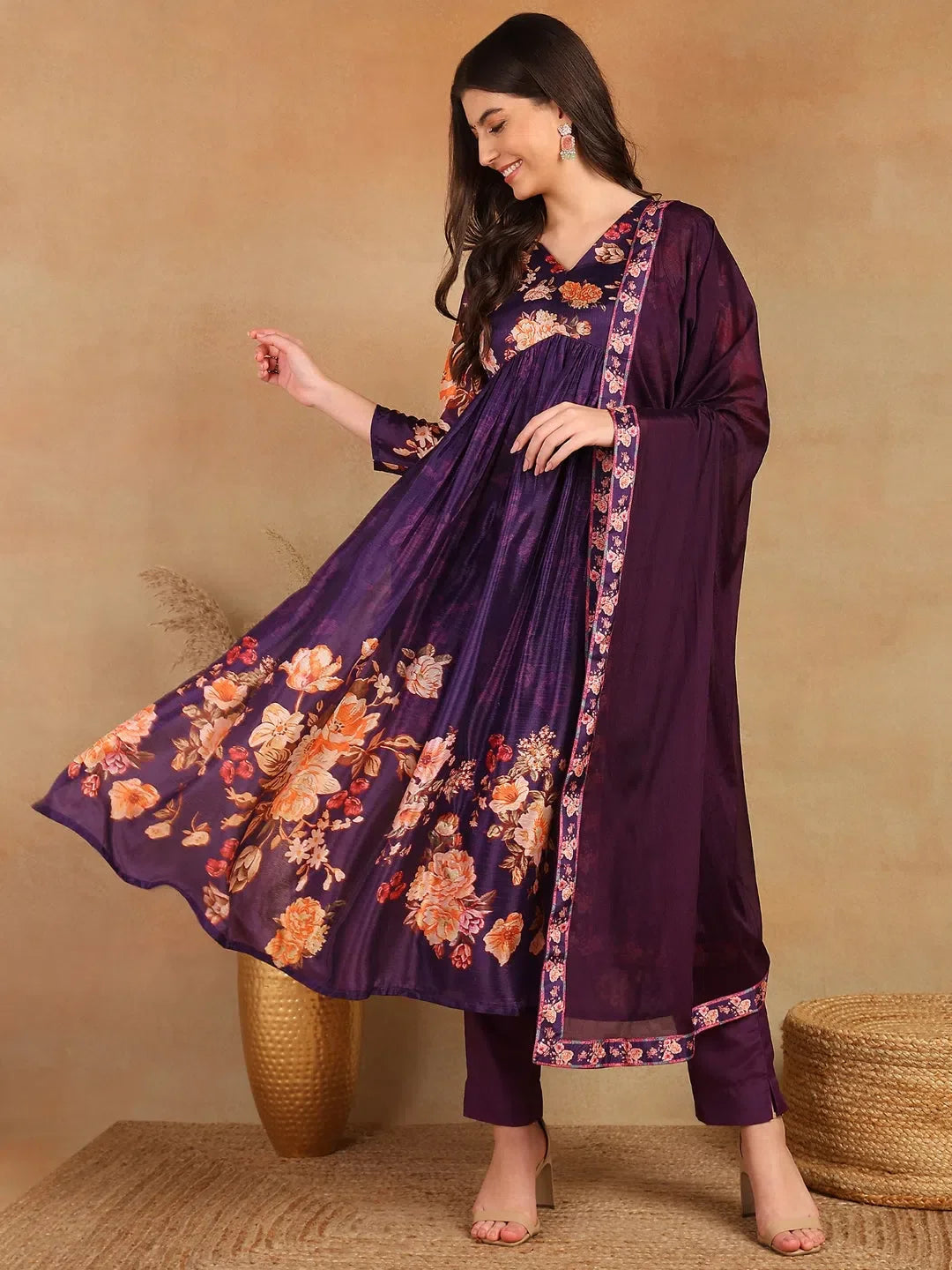 Purple Floral Kurta Set with Dupatta | Women's Indian Kurta Sets