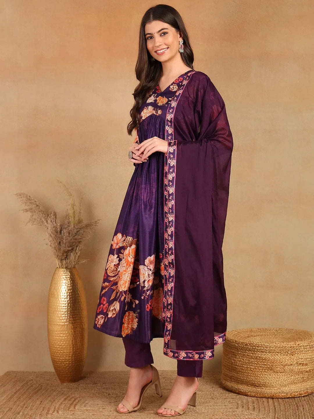 Purple Floral Kurta Set with Dupatta | Women's Indian Kurta Sets