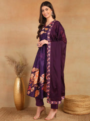 Women Purple Silk Blend Floral Printed Straight Kurta Trouser With Dupatta-PKSKD2435