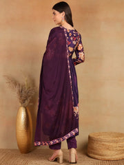 Women Purple Silk Blend Floral Printed Straight Kurta Trouser With Dupatta-PKSKD2435