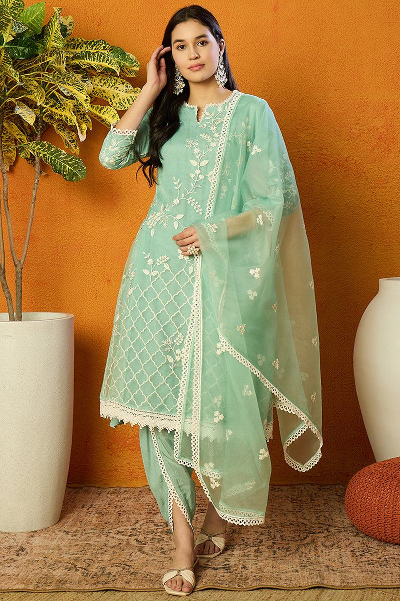Sea Green Organza Solid Embroidered A-Line Dhoti Style Suit Set PKSKD2