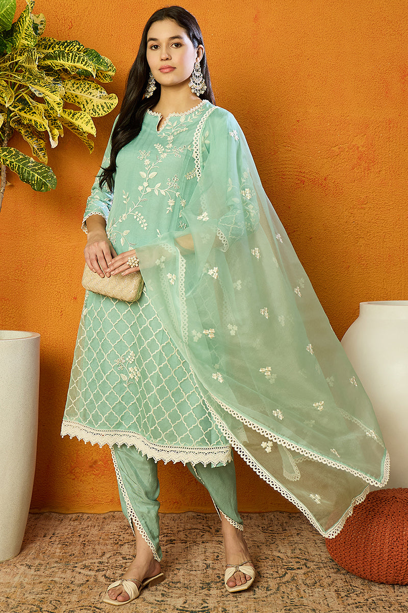 Sea Green Organza Solid Embroidered A-Line Dhoti Style Suit Set PKSKD2