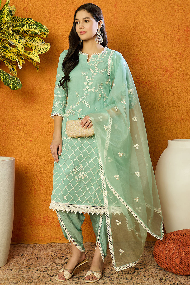 Sea Green Organza Solid Embroidered A-Line Dhoti Style Suit Set PKSKD2