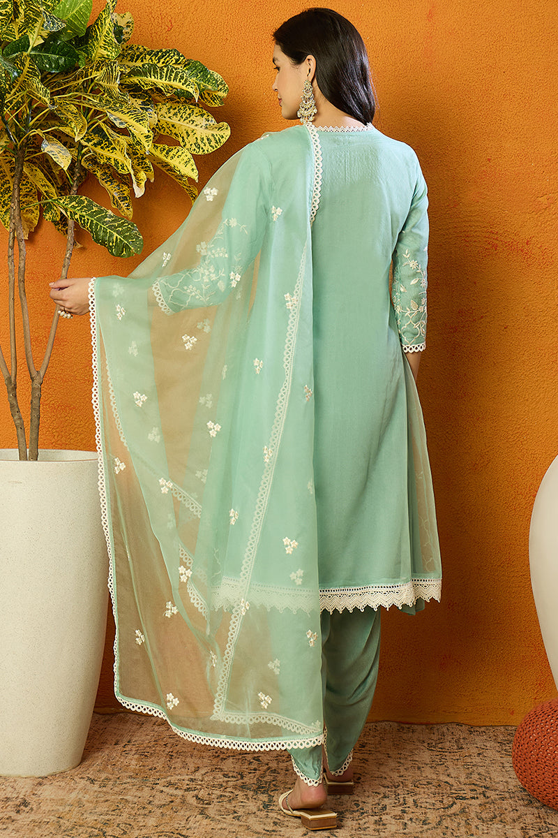 Sea Green Organza Solid Embroidered A-Line Dhoti Style Suit Set PKSKD2
