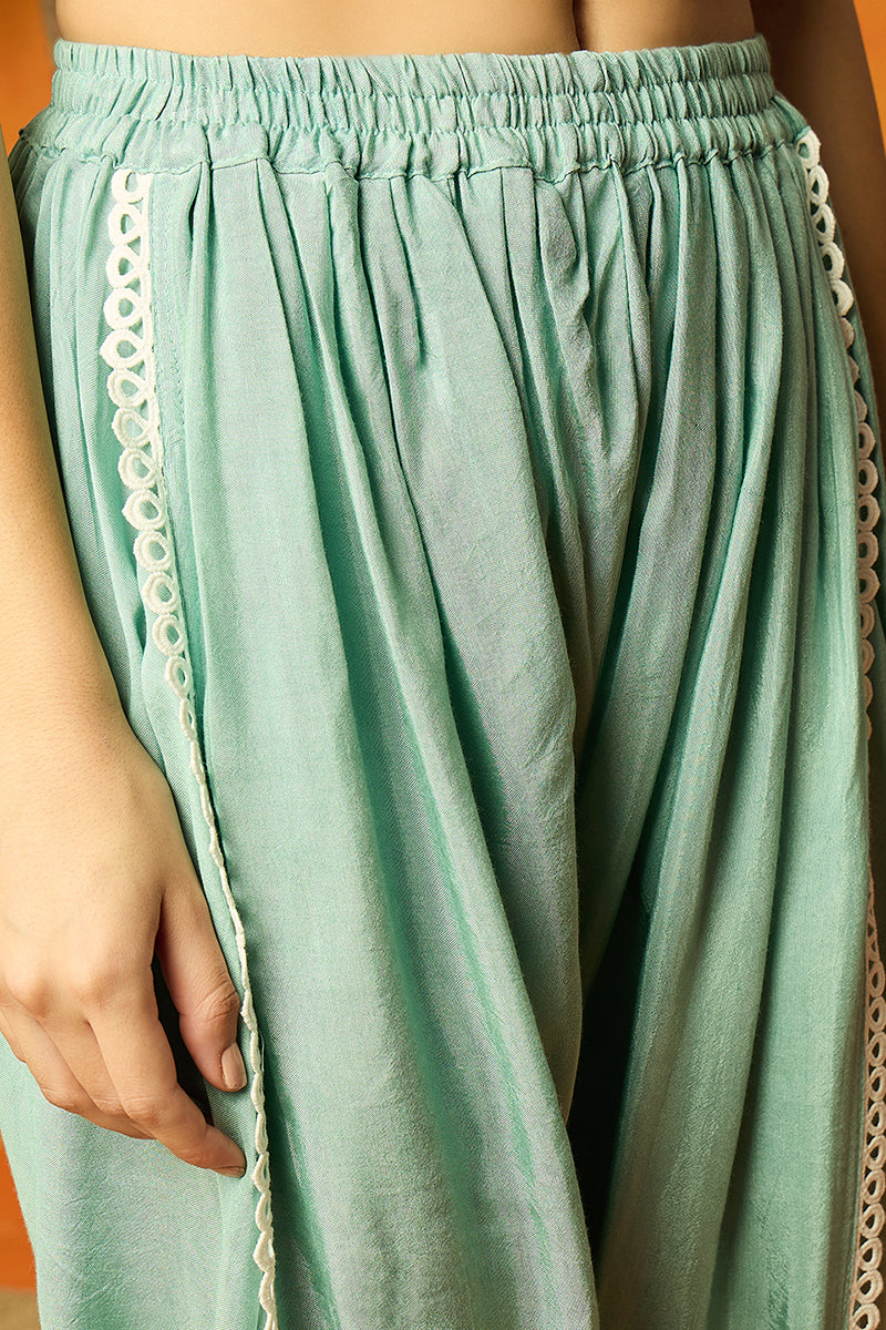 Sea Green Organza Solid Embroidered A-Line Dhoti Style Suit Set PKSKD2