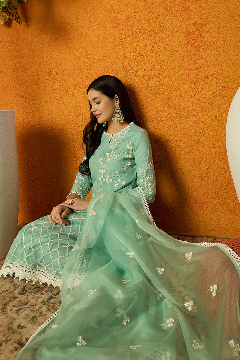 Sea Green Organza Solid Embroidered A-Line Dhoti Style Suit Set PKSKD2