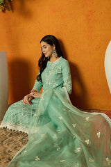Sea Green Organza Solid Embroidered A-Line Dhoti Style Suit Set PKSKD2438