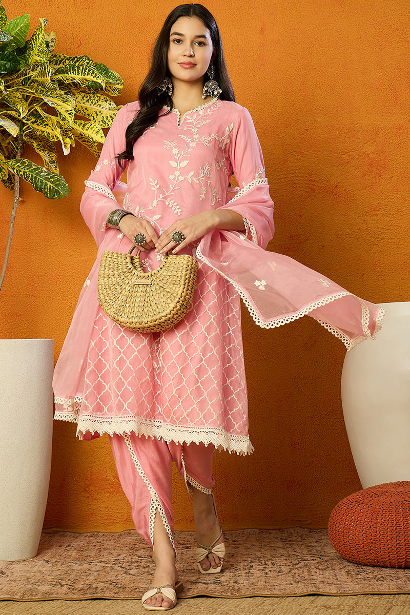 Pink Organza Solid Embroidered A-Line Dhoti Style Suit Set PKSKD2439 |