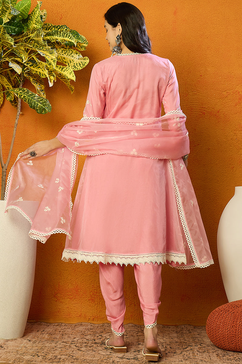 Pink Organza Solid Embroidered A-Line Dhoti Style Suit Set PKSKD2439 |