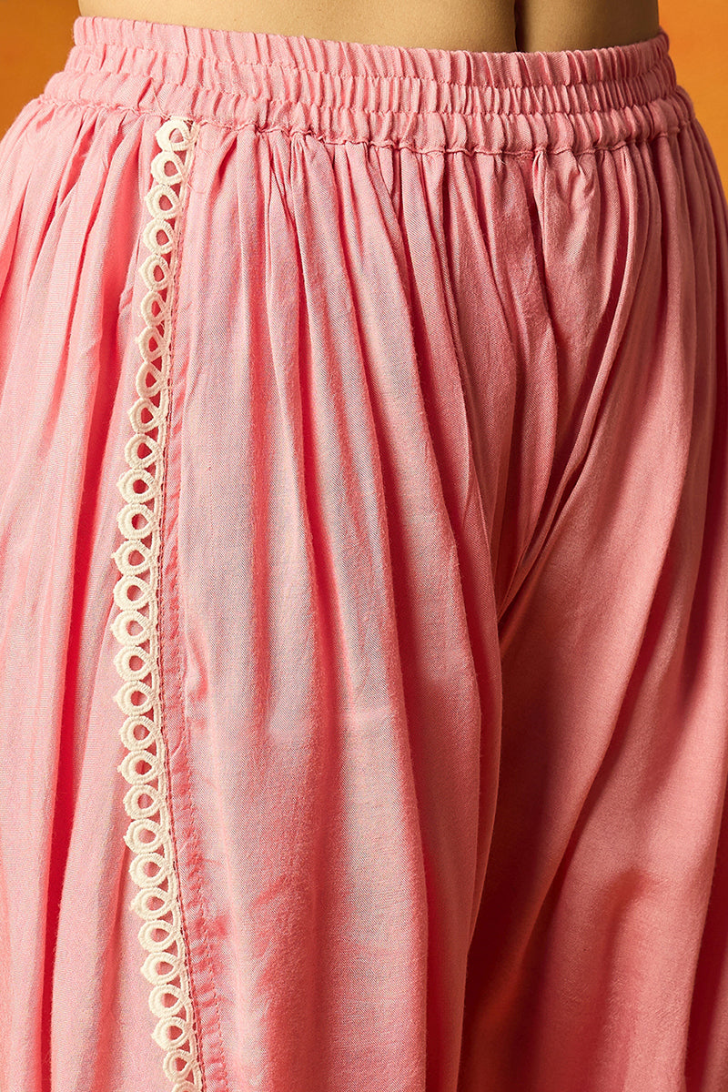 Pink Organza Solid Embroidered A-Line Dhoti Style Suit Set PKSKD2439 |