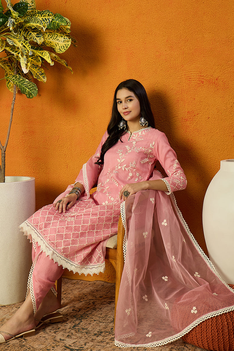 Pink Organza Solid Embroidered A-Line Dhoti Style Suit Set PKSKD2439 |