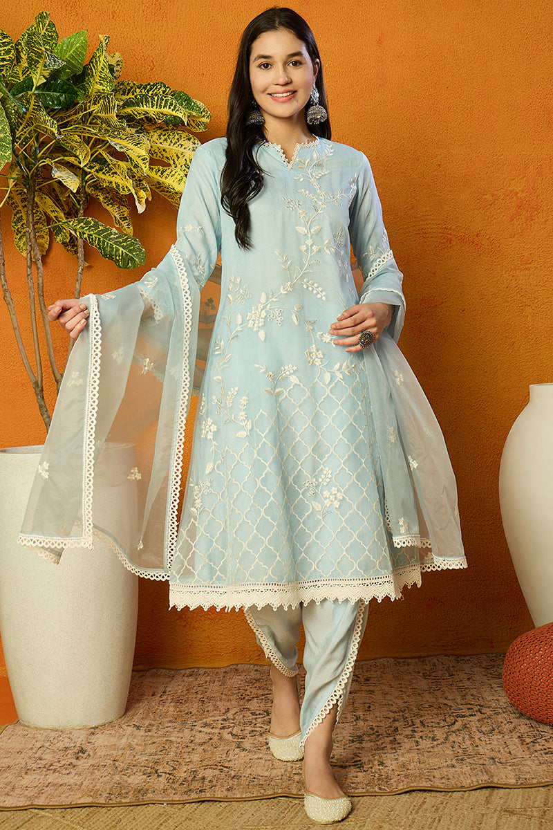 Blue Organza Solid Embroidered A-Line Dhoti Style Suit Set PKSKD2440 |