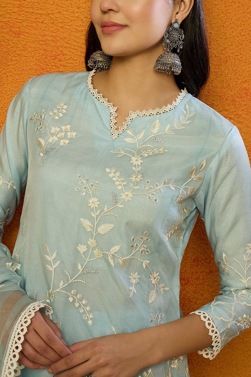 Blue Organza Solid Embroidered A-Line Dhoti Style Suit Set PKSKD2440 |