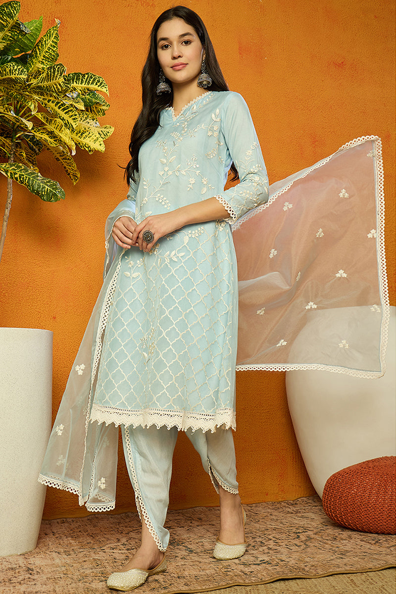 Blue Organza Solid Embroidered A-Line Dhoti Style Suit Set PKSKD2440 |