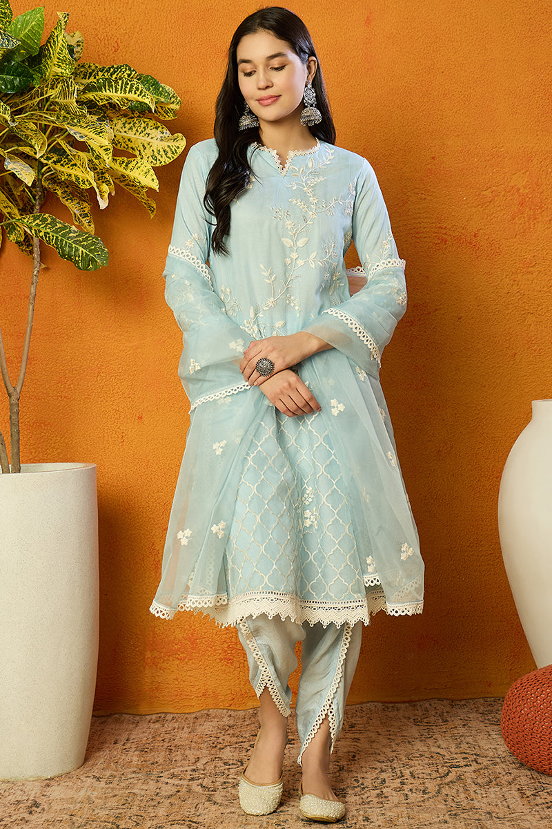 Blue Organza Solid Embroidered A-Line Dhoti Style Suit Set PKSKD2440 |